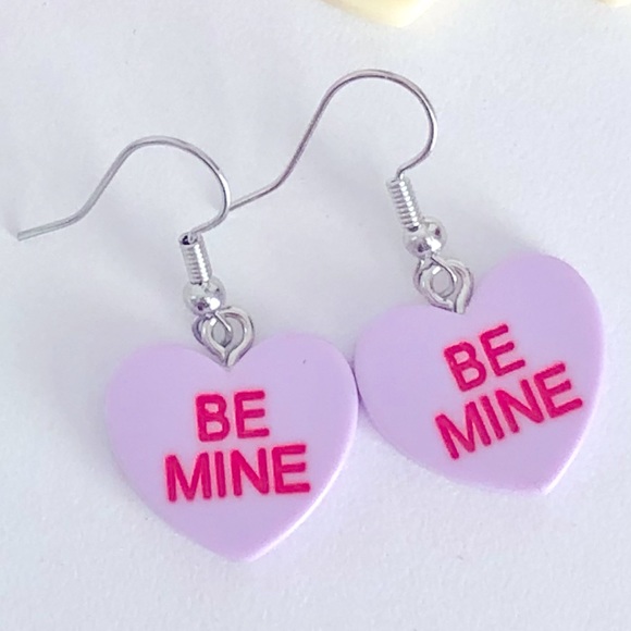 Hand Crafted Jewelry - New Conversation Hearts Dangle Drop Earrings Handmade Party Purple Candy Fun